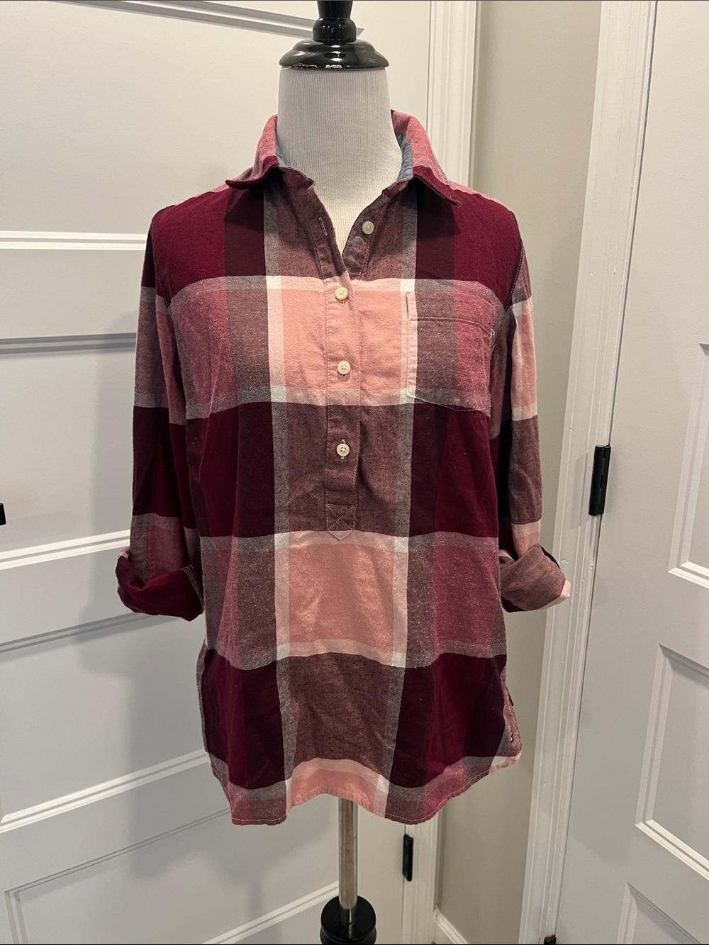 Tommy Hilfiger size S Women's Burgundy and Pink Plaid Button-Up Tunic